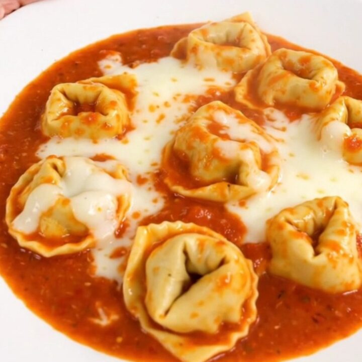 A close-up shot of a creamy tomato tortellini dish served in a white bowl.