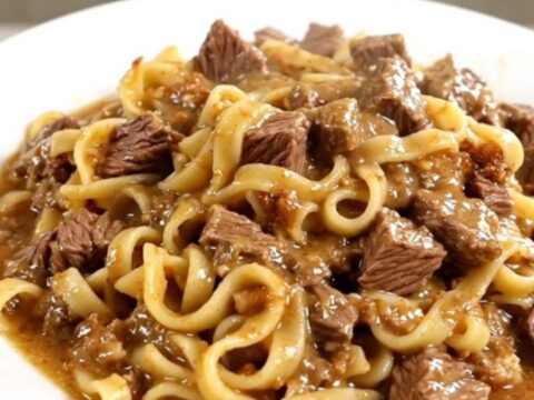 A steaming, creamy beef and egg noodle casserole served on a white plate.