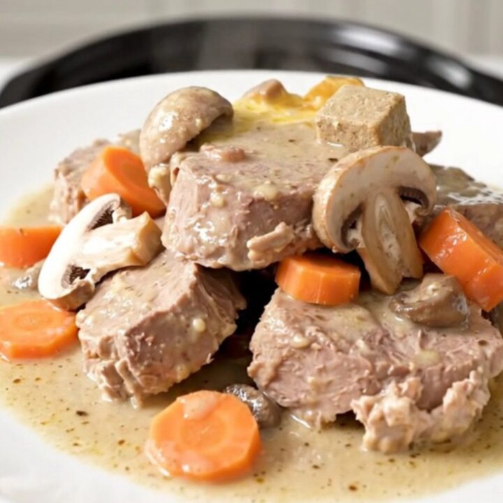 A steaming plate of creamy veal blanquette with tender meat, carrots, and mushrooms.