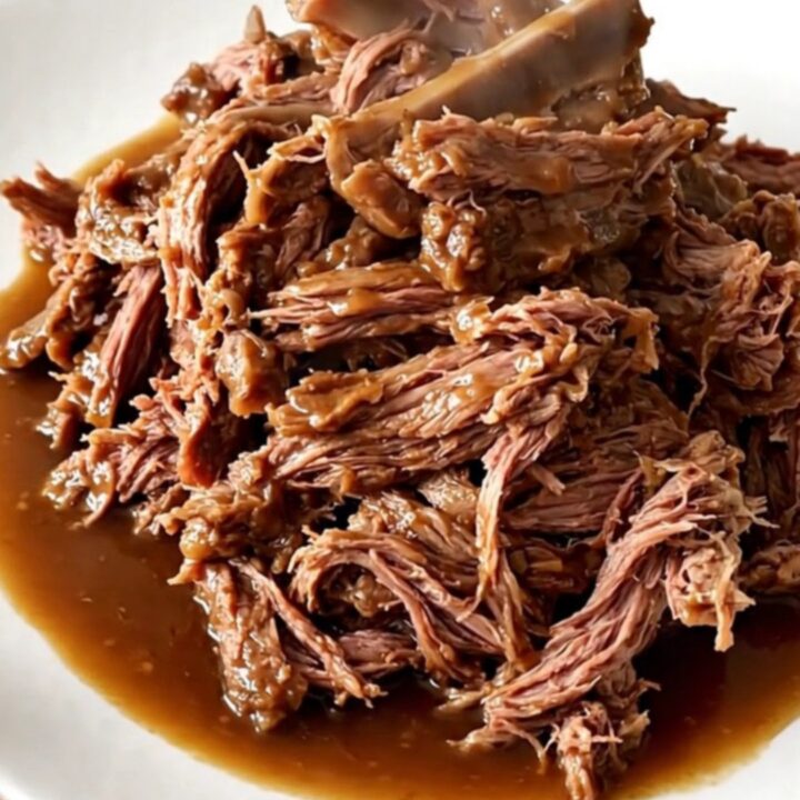 A succulent, shredded slow-cooked leg of lamb with soft carrots on a white plate.