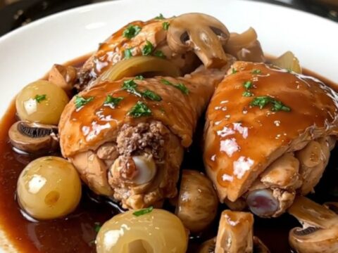 A rustic slow cooker coq au vin served on a white plate with carrots and mushrooms.