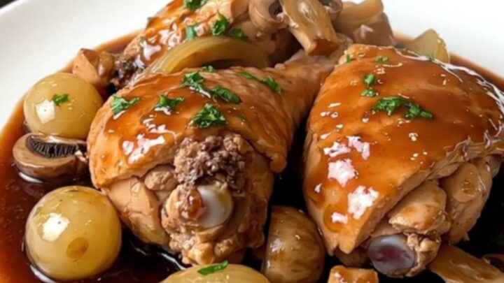A rustic slow cooker coq au vin served on a white plate with carrots and mushrooms.