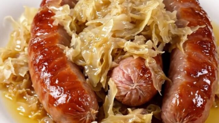 A rustic bowl of choucroute garnie featuring tender smoked pork, sauerkraut, and steamed potatoes.