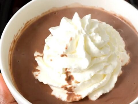 A steaming mug of rich dark hot chocolate topped with a swirl of whipped cream.