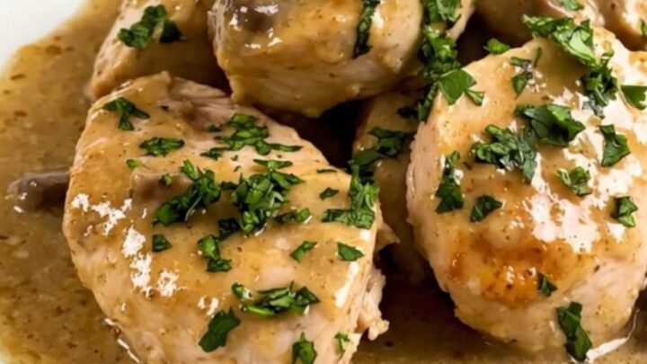 A top-down view of a slow cooker filled with creamy mushroom chicken before cooking.