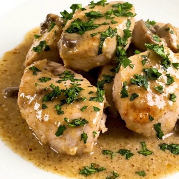 A top-down view of a slow cooker filled with creamy mushroom chicken before cooking.
