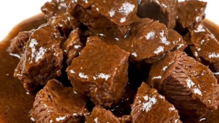 A close-up of a steaming bowl of Flemish carbonnade with tender beef chunks in a rich, dark glossy gravy.
