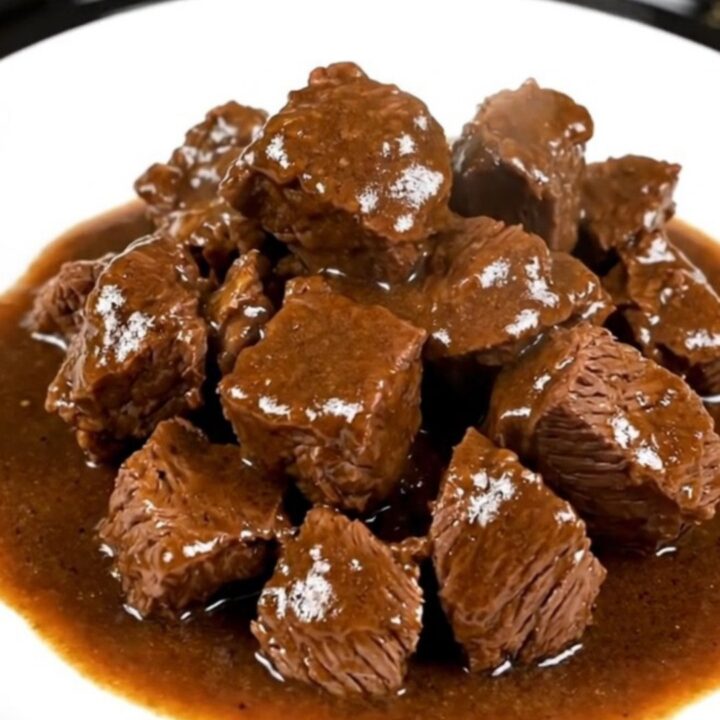 A close-up of a steaming bowl of Flemish carbonnade with tender beef chunks in a rich, dark glossy gravy.