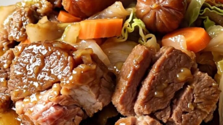 A rustic slow cooker Potée Auvergnate served in a white bowl with tender pork, carrots, and cabbage.