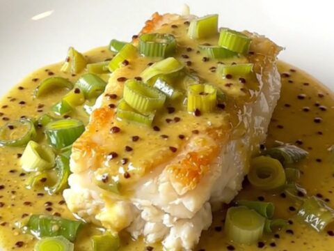 A slow cooker filled with cod loins, sliced leeks, and a creamy mustard sauce.