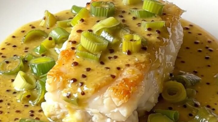 A slow cooker filled with cod loins, sliced leeks, and a creamy mustard sauce.