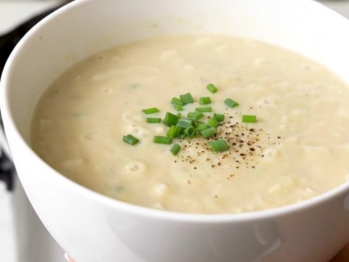 A bowl of smooth, creamy potato leek soup garnished with fresh herbs, held by a hand against a kitchen background.