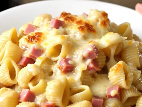 A top-down view of a black slow cooker filled with creamy pasta, ham, and melted cheese on a quartz countertop.
