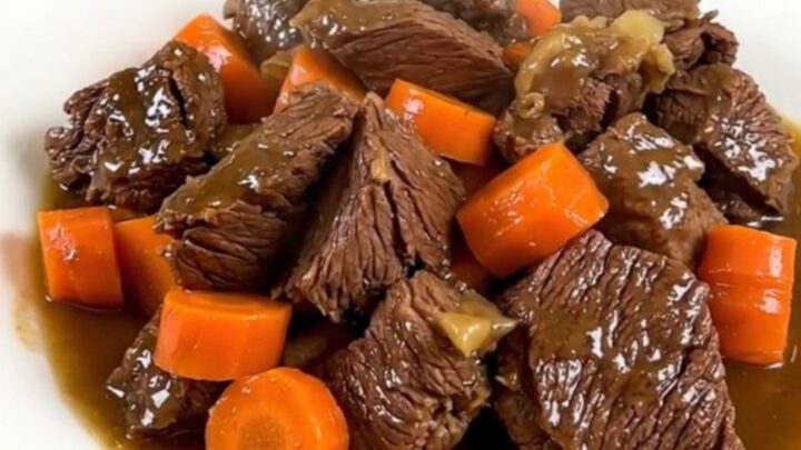 A close-up of a bowl of slow-cooked beef and carrots in a rich, dark broth.