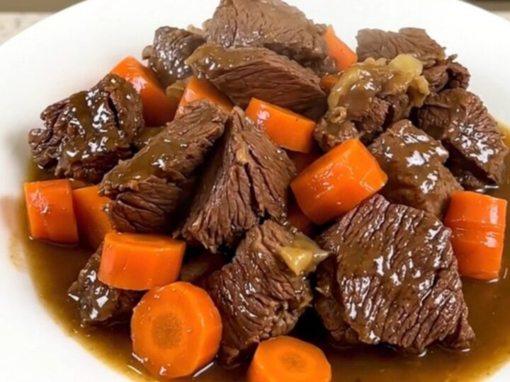 A close-up of a bowl of slow-cooked beef and carrots in a rich, dark broth.
