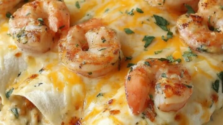 A close-up of creamy shrimp enchiladas in a baking dish, topped with melted cheese and fresh cilantro.