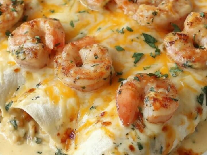 A close-up of creamy shrimp enchiladas in a baking dish, topped with melted cheese and fresh cilantro.