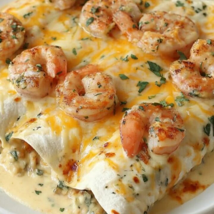 A close-up of creamy shrimp enchiladas in a baking dish, topped with melted cheese and fresh cilantro.
