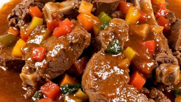 A top-down view of raw veal cubes, sliced carrots, and mushrooms inside a black oval slow cooker on a white quartz