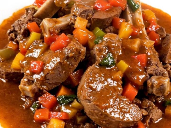 A top-down view of raw veal cubes, sliced carrots, and mushrooms inside a black oval slow cooker on a white quartz