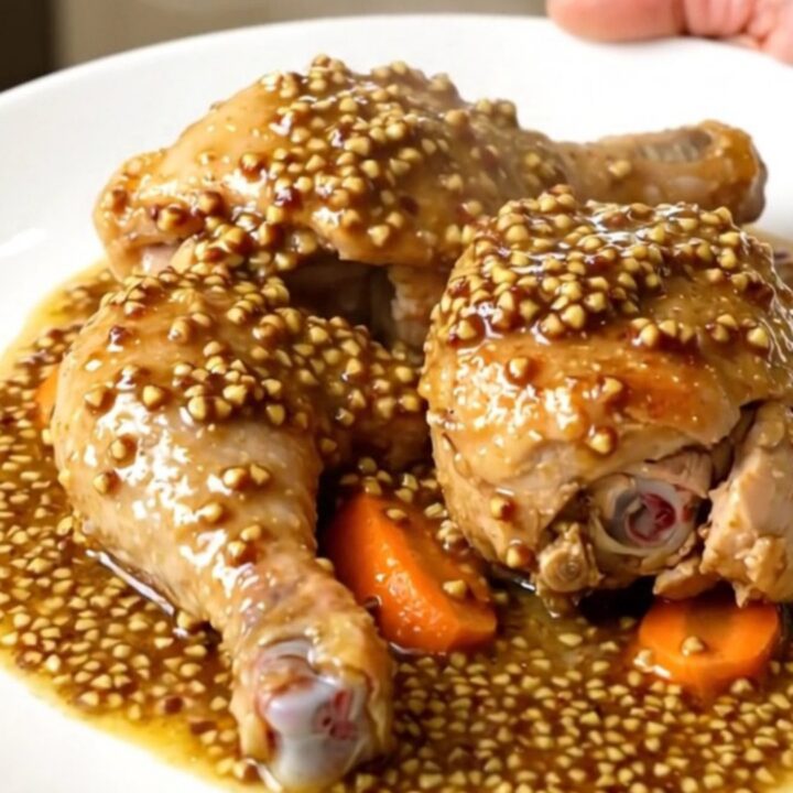 A slow cooker filled with golden chicken legs, carrots, and a creamy mustard sauce, ready to be served.