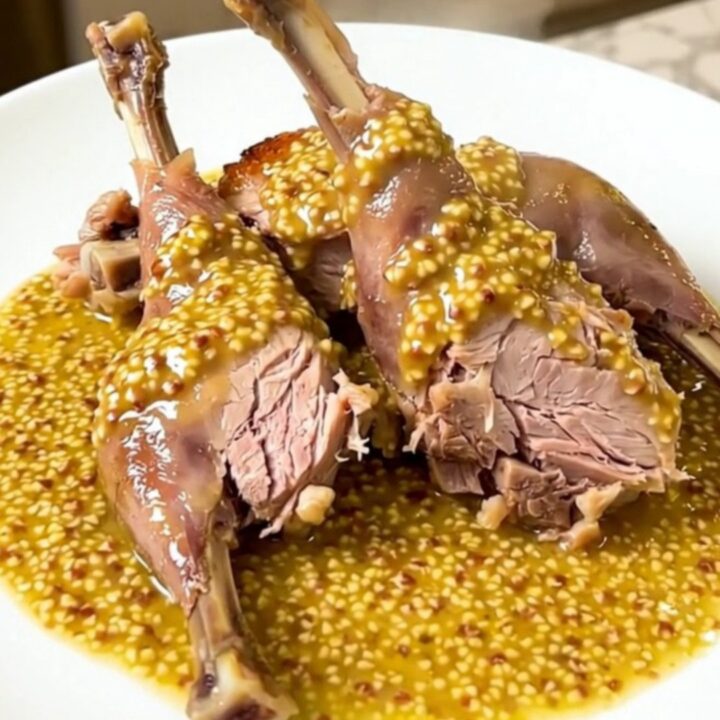 Slow Cooker Dijon Rabbit with White Wine served in a white bowl with a rich mustard sauce.