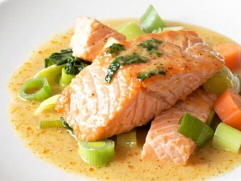 A close-up of a steaming bowl of salmon blanquette with chunks of salmon, carrots, and leeks in a creamy sauce.