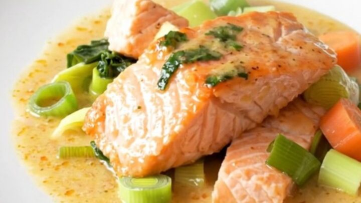 A close-up of a steaming bowl of salmon blanquette with chunks of salmon, carrots, and leeks in a creamy sauce.