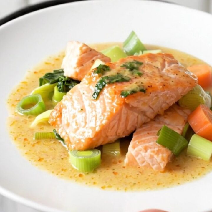 A close-up of a steaming bowl of salmon blanquette with chunks of salmon, carrots, and leeks in a creamy sauce.