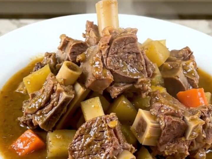 A close-up of a steaming bowl of lamb navarin with tender chunks of meat and perfectly cooked root vegetables.