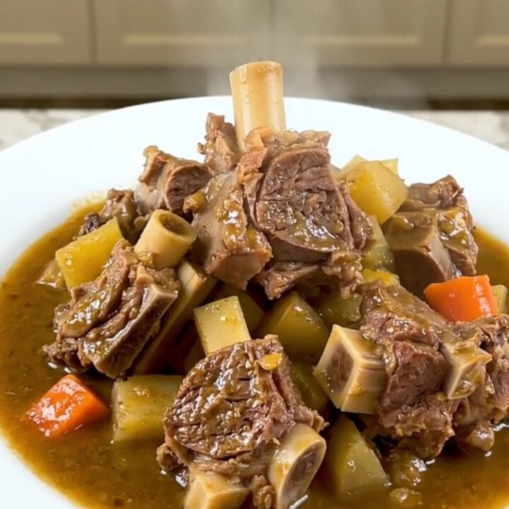 A close-up of a steaming bowl of lamb navarin with tender chunks of meat and perfectly cooked root vegetables.