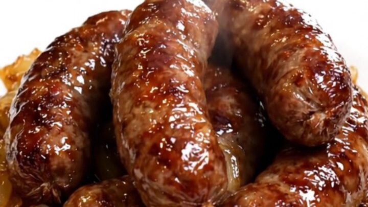 A rustic plate featuring golden-brown diots de savoie sausages topped with softened onions in a white wine sauce.