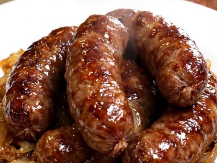 A rustic plate featuring golden-brown diots de savoie sausages topped with softened onions in a white wine sauce.