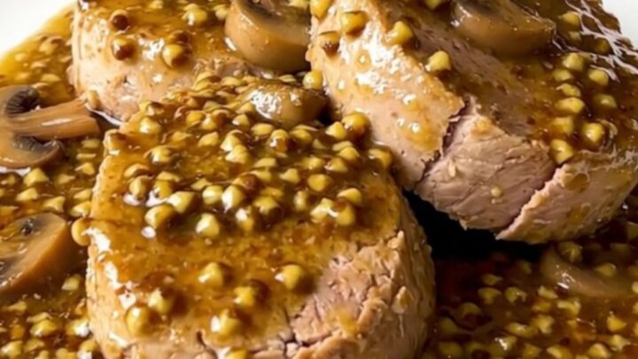 A slow cooker filled with raw pork tenderloin, sliced mushrooms, and creamy mustard sauce.