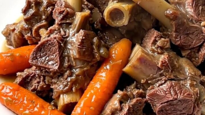 A close-up of a steaming bowl of lamb stew with carrots and cumin in a slow cooker.