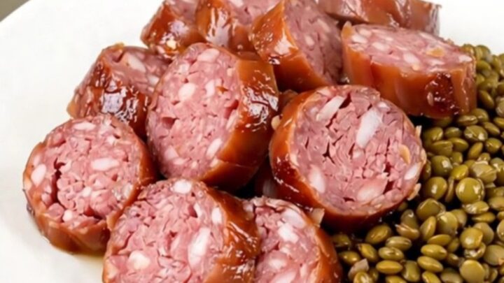 A top-down view of a slow cooker filled with Morteau sausages, green lentils, sliced carrots, and bay leaves.