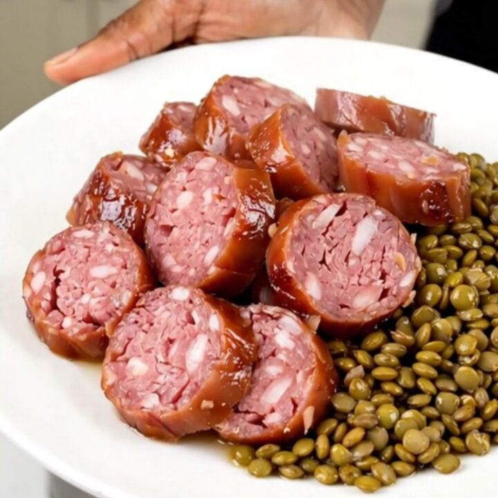 A top-down view of a slow cooker filled with Morteau sausages, green lentils, sliced carrots, and bay leaves.