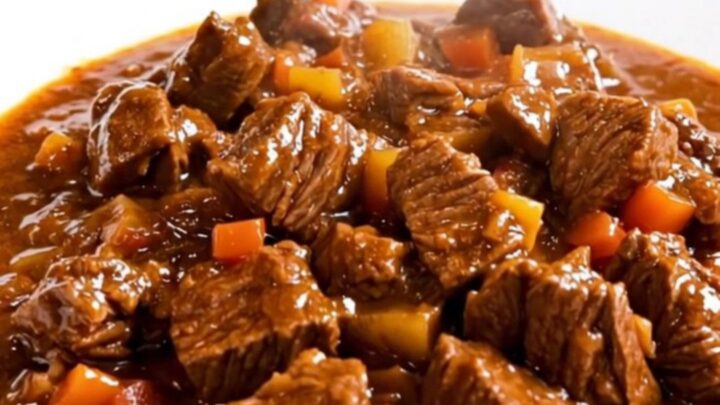 A rustic Provençal beef daube served in a white bowl with a rich red wine sauce.
