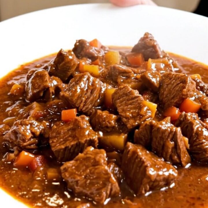 A rustic Provençal beef daube served in a white bowl with a rich red wine sauce.