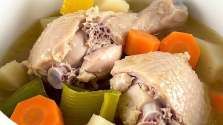 A white ceramic bowl filled with tender chicken thighs, sliced carrots, leeks, and turnips in a savory broth.