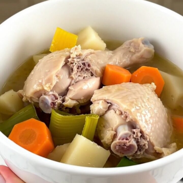 A white ceramic bowl filled with tender chicken thighs, sliced carrots, leeks, and turnips in a savory broth.