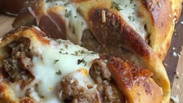 A warm, golden-brown braided pizza bread filled with seasoned beef, pepperoni, and melted mozzarella cheese