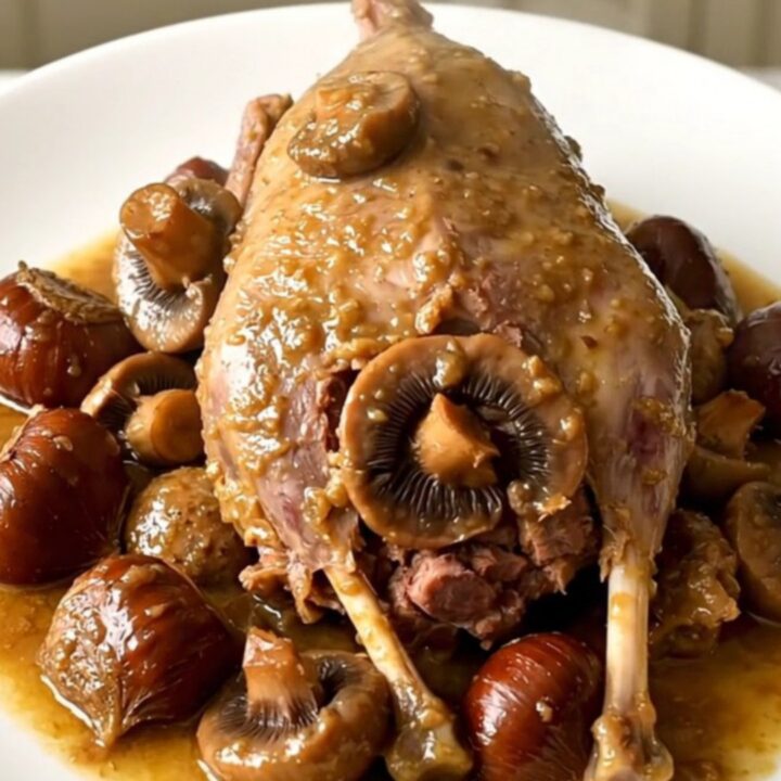 A slow cooker filled with guinea fowl, mushrooms, and chestnuts in a savory wine sauce on a white quartz countertop.