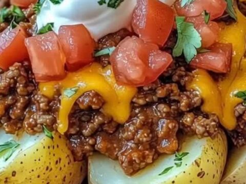 A close-up of a loaded baked potato topped with seasoned ground beef, melted cheddar cheese, and a dollop of sour cream.