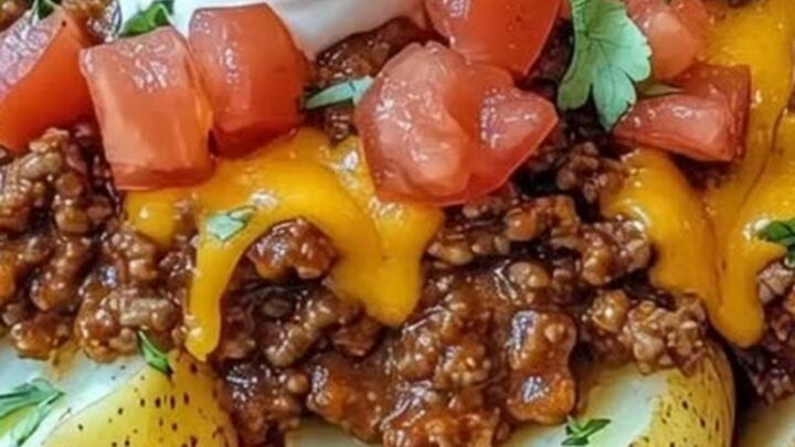 A close-up of a loaded baked potato topped with seasoned ground beef, melted cheddar cheese, and a dollop of sour cream.