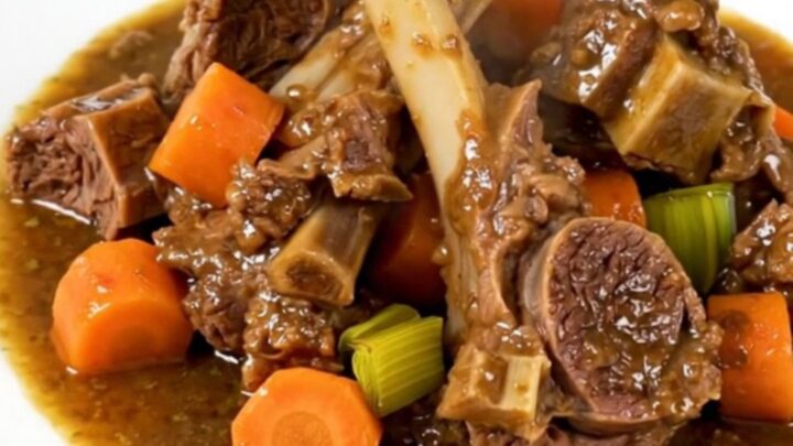 A steaming, glossy lamb stew served in a white bowl on a bright kitchen counter.