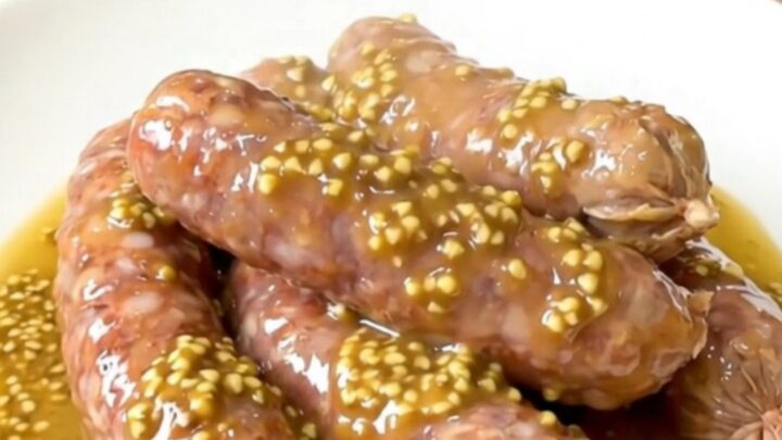 A close-up of slow-cooked andouillettes smothered in a creamy mustard and white wine sauce with mushrooms.
