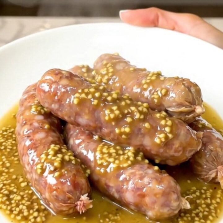 A close-up of slow-cooked andouillettes smothered in a creamy mustard and white wine sauce with mushrooms.