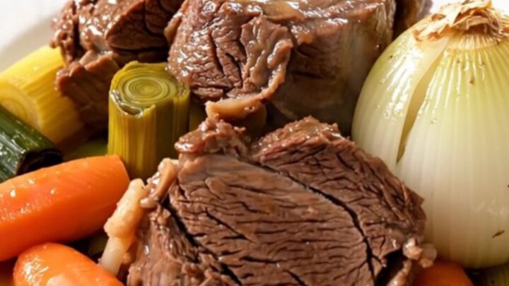 A slow cooker filled with a beef shank, carrots, leeks, and turnips in a savory broth.