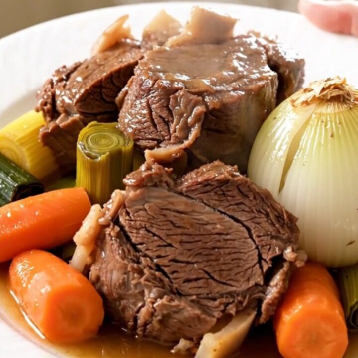 A slow cooker filled with a beef shank, carrots, leeks, and turnips in a savory broth.